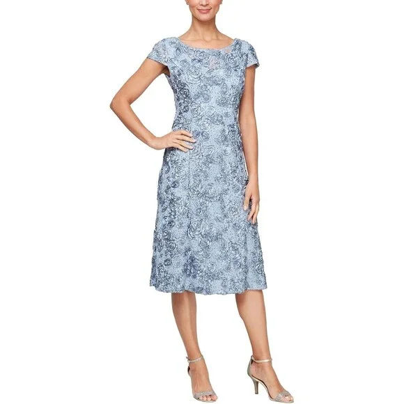 Alex Evenings | Dresses | Alex Evenings Dress Womens Blue Rosette Sequin  Lace Aline Cocktail Plw298 | Poshmark